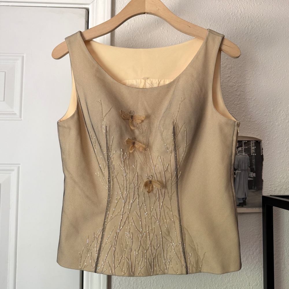 No label vintage butter yellow black beaded mesh overlay dragonfly‎ bustier top
